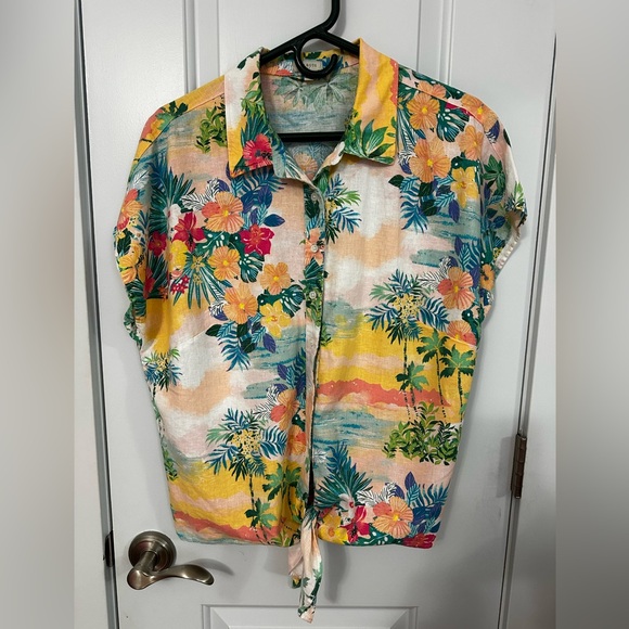 Talbots Tops - Talbots Multicolor Tropical Print Shirt With Tie Bottom
